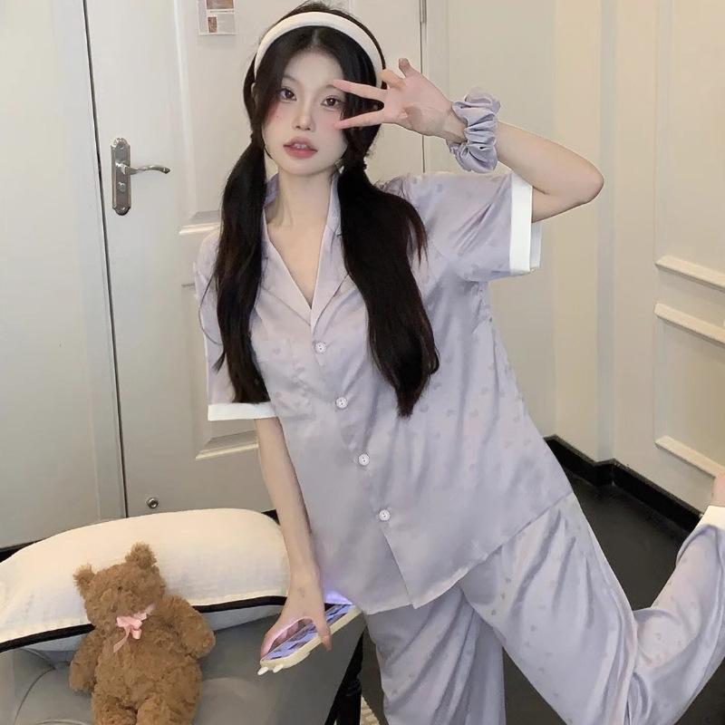 Sweet And Cute Love Printed Pajamas Women Can Wear Short-Sleeved Thin Loungewear In Spring And Summer M gray BaiJia Jewelry BB