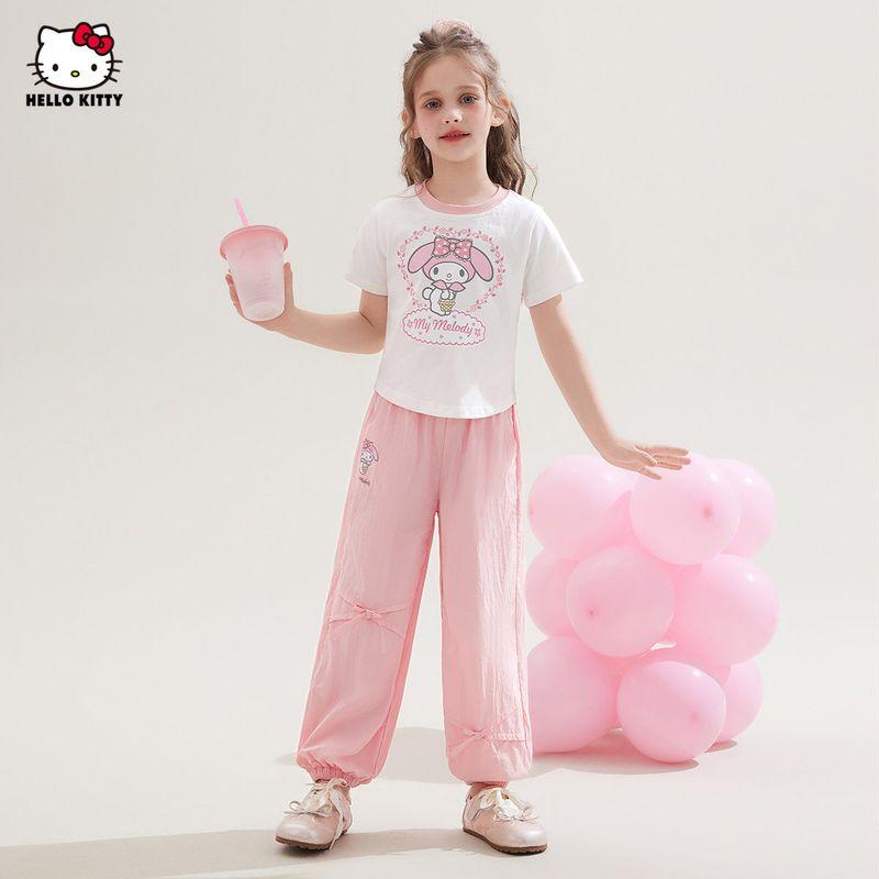 Hello Kitty Girls  Summer Outfit, Stylish Short-Sleeved T-Shirt and Casual Quick-Drying Pants for Older Girls, Children s Two-Piece Set Pink 110 beige TAOMall