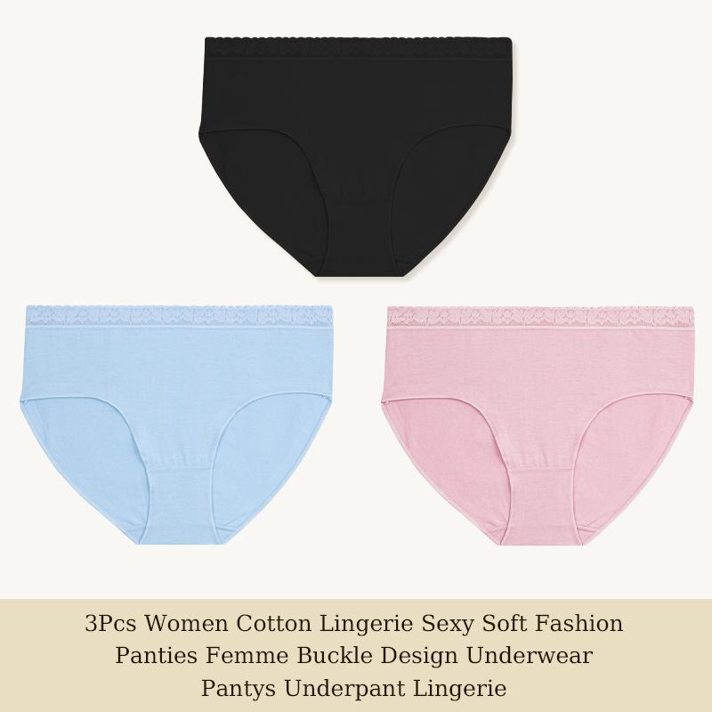3 шт. Женское хлопковое нижнее белье Сексуальные мягкие модные трусики Femme Дизайн с пряжкой Трусы Нижнее белье Кружевное интимное белье S-XL S&3pcs white FINETOO Panties