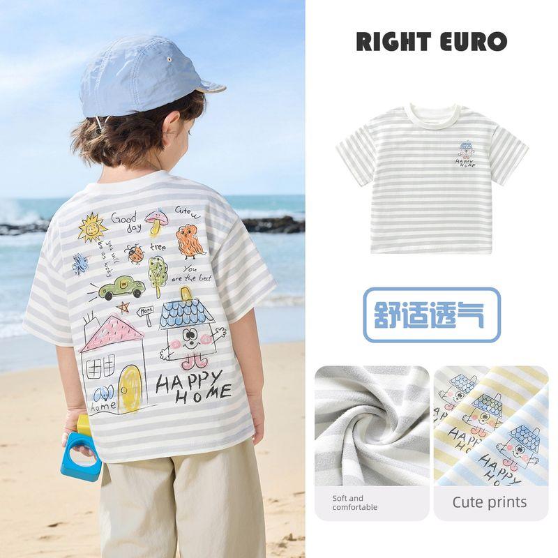 Right European Style Boys  Mountain Pattern Short-Sleeve T-Shirt Children s Spring Elastic Top 2026 New Children s Clothing Baby Short-Sleeve Gray Stripes 90 white TAOMall