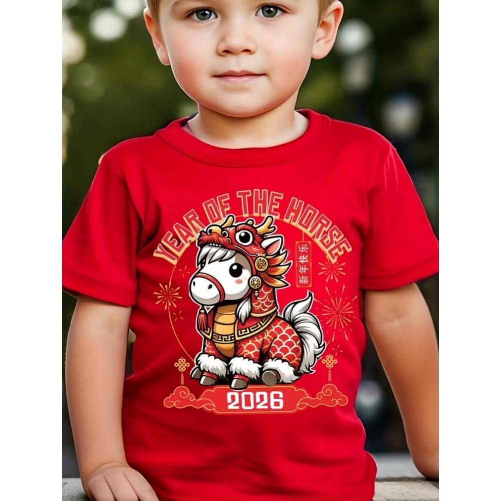 Children s T-Shirt 2026 Happy New Year Greeting Short Sleeve Casual Crew Neck T-Shirt Year of the Horse Gift Top Loose Clothing 110 red huiteng1