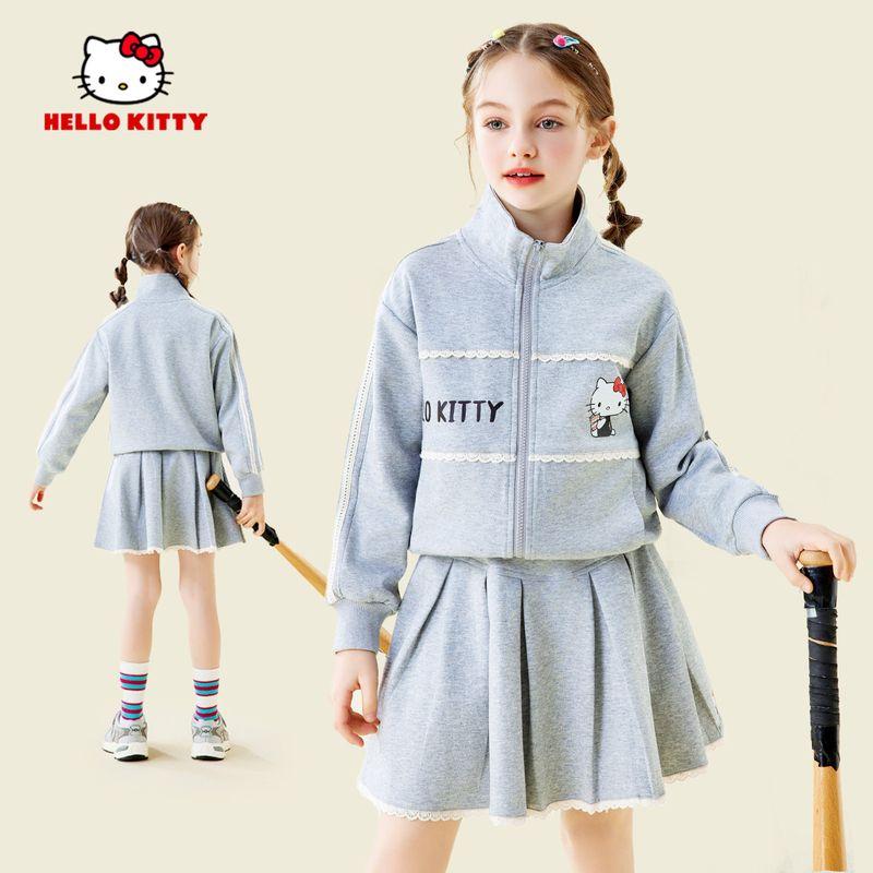 Hello Kitty Girls  Clothing Fashionable and Stylish Suit Short Skirt Cardigan Sweatshirt Kidsren s Autumn Sports Two-Piece Set Gray 110 gray TAOMall