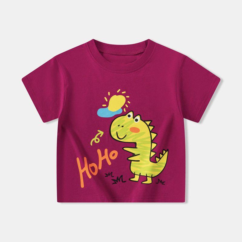 Kidsren s Clothing, Kidsren s Short-Sleeved T-Shirts, Baby Boys  Half-Sleeved Dinosaur Print Clothes, Boys and Girls  Pure Cotton Round-Neck Tops Dt8388 Deep Purple Red 90 brown TAOMall