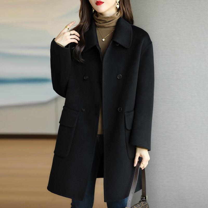 Воротник шерстяное пальто женское осень зима утолщенный корейский вариант Slim Fit Slimming XXXXL чёрный LIngzhi
