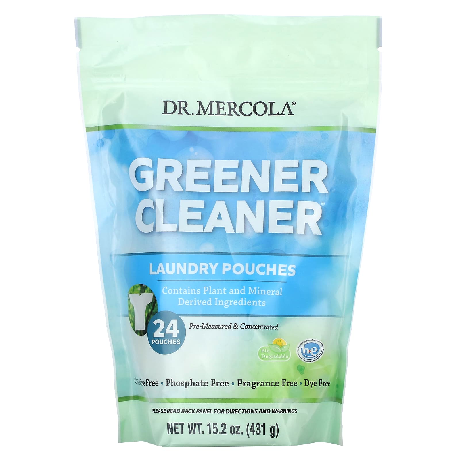 Dr. Mercola, Greener Cleaner, Laundry Pouches, Fragrance Free, 24 Pouches, 431G(15.2Oz) white