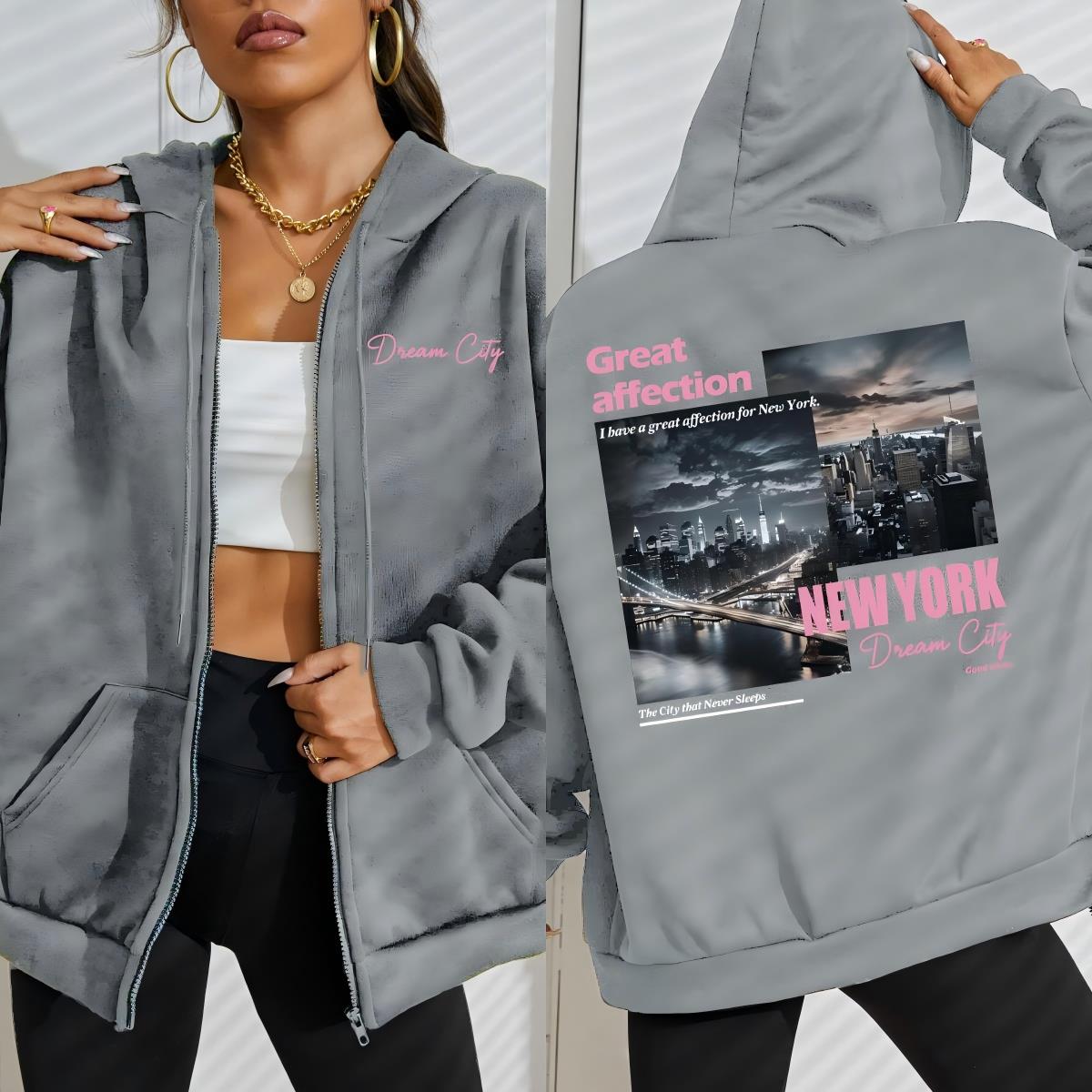 Худи женское на молнии с принтом New York Dream City Great Affection, свободное, повседневное, уличное, флисовое, с карманом S white Jacket and Zipper Hoodie NO.1