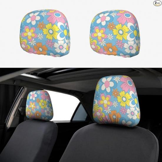 Flowers Cute Car Head Rest Covers 2 Piece Elastic Car Seat- Retro Flowers gray 91530103MAC196UN4F