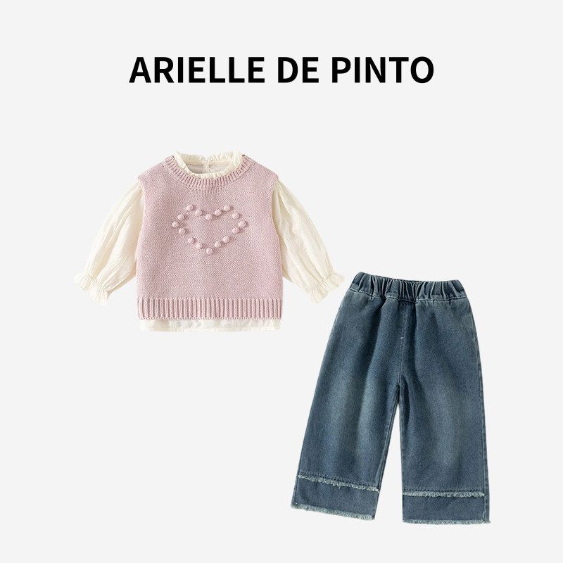 French Arielle De Pinto Girls  Spring and Autumn Stylish and Fashionable Woolen Vest and Pants Three-Piece Set Light pink 90 gray TAOMall