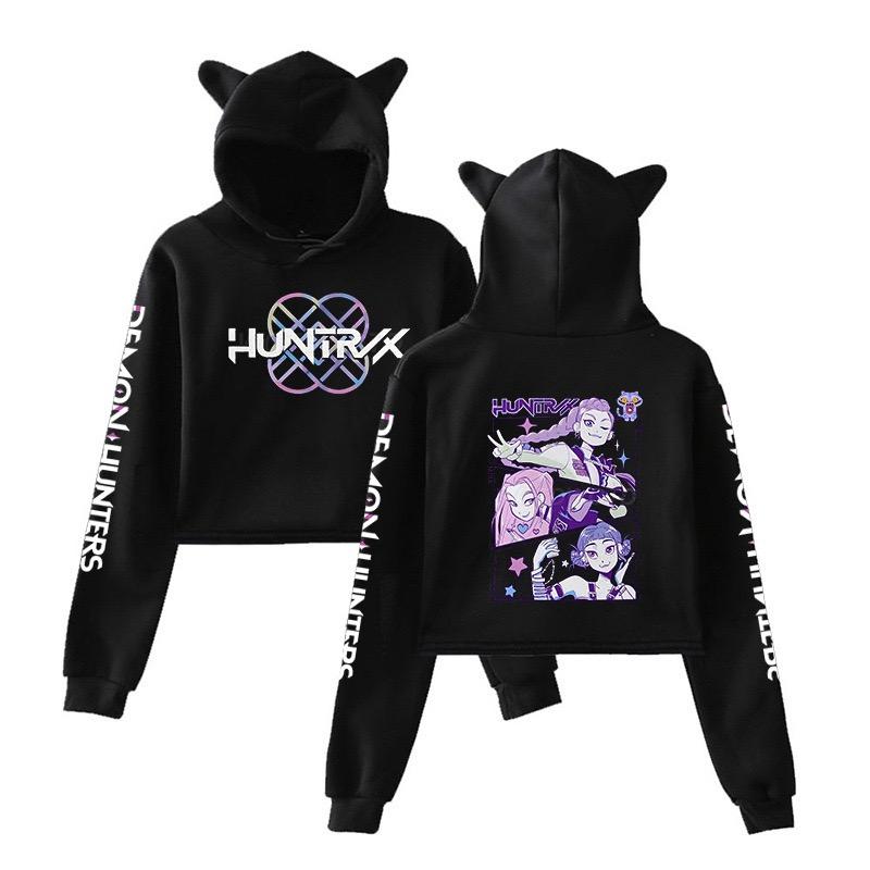 ZYLLO Kpop Охотники на демонов Укороченные топы Свитшот с ушками кошки С длинным рукавом Модный худи для девочек Осень Зима XS black
