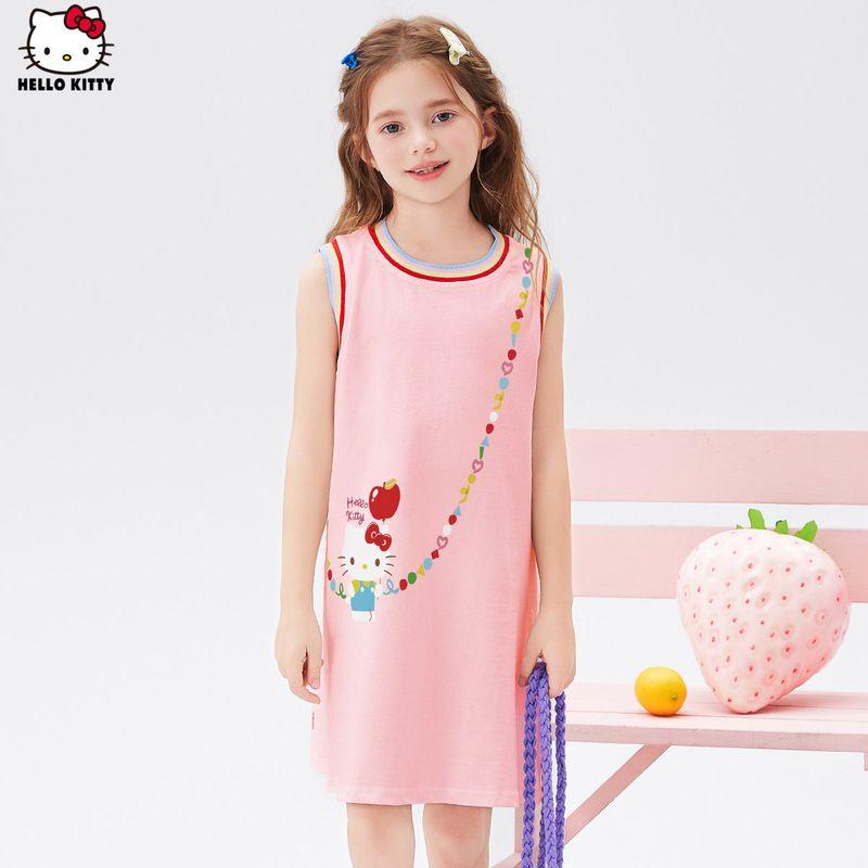 Летнее платье для девочек Hello Kitty, модель 2025 года, модное и милое детское платье-майка для детей постарше Pink 110 beige TAOMall