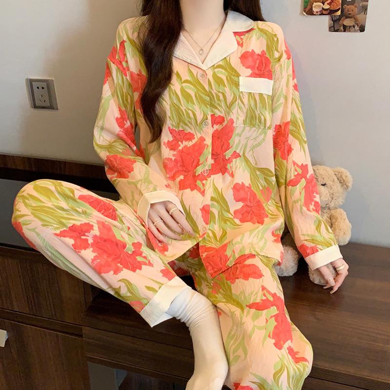 Retro Flower Sweet Pajamas Women S Autumn Wind Long Sleeve Cloud Cotton Printed Loungewear Set M red BaiJia Jewelry BB