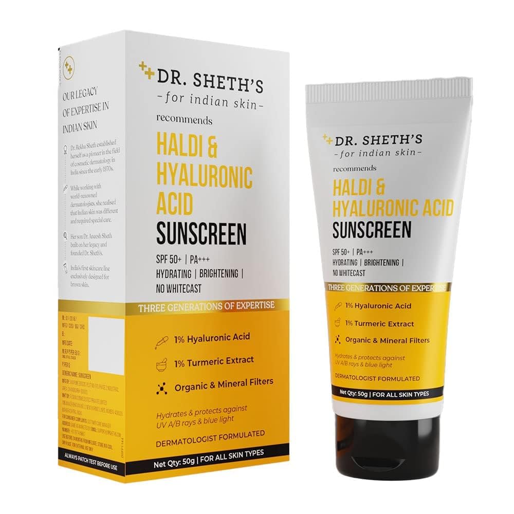 Доктор. Солнцезащитный крем для лица Sheth s Haldi & Hyaluronic Acid SPF 50+ Pa+++ Увлажняющий Осветляющий 50 г gray The Wish Health And Beauty