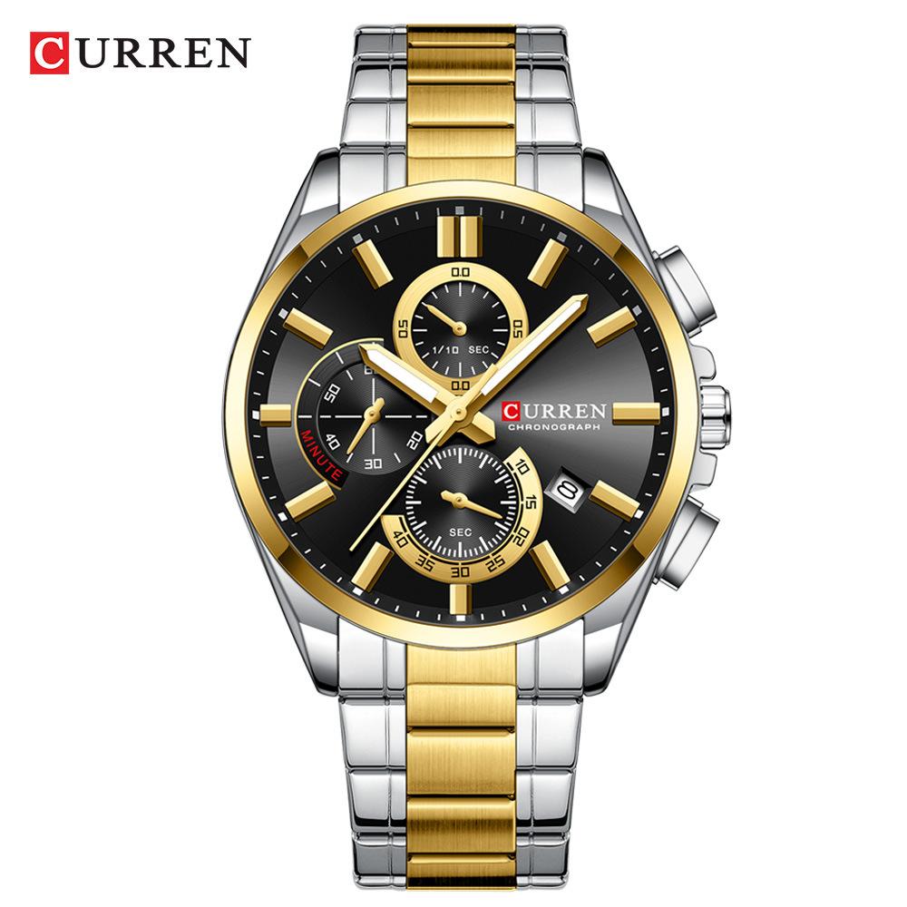 CURREN Men s Stainless Steel Chronograph Watches with Luminous Hands,Triple Sub-Dials Auto Date Fashion Design Quartz Wristwatch чёрный/золотой