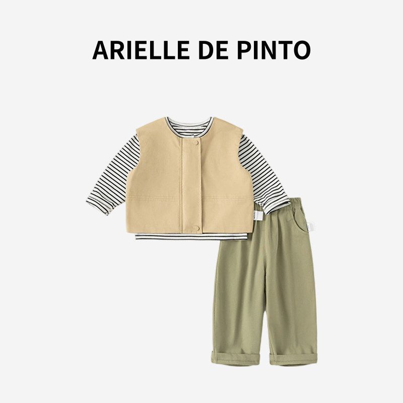 French Arielle De Pinto Boys  Suit, Spring and Autumn Versatile Style, Vest, Striped Round Neck, Long-Sleeved Casual Pants Kakh 110 beige TAOMall