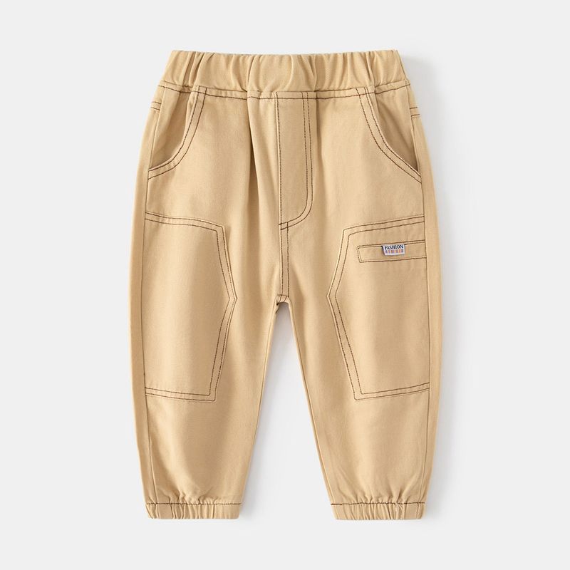 Casual Pants, Long Pants, Boys  Pocket Cargo Pants, Spring and Autumn Children s Clothing, Geometric Patchwork Solid Color Pants for Young Children Khaki Geometric Patchwork Casual Pants 100 beige TAOMall