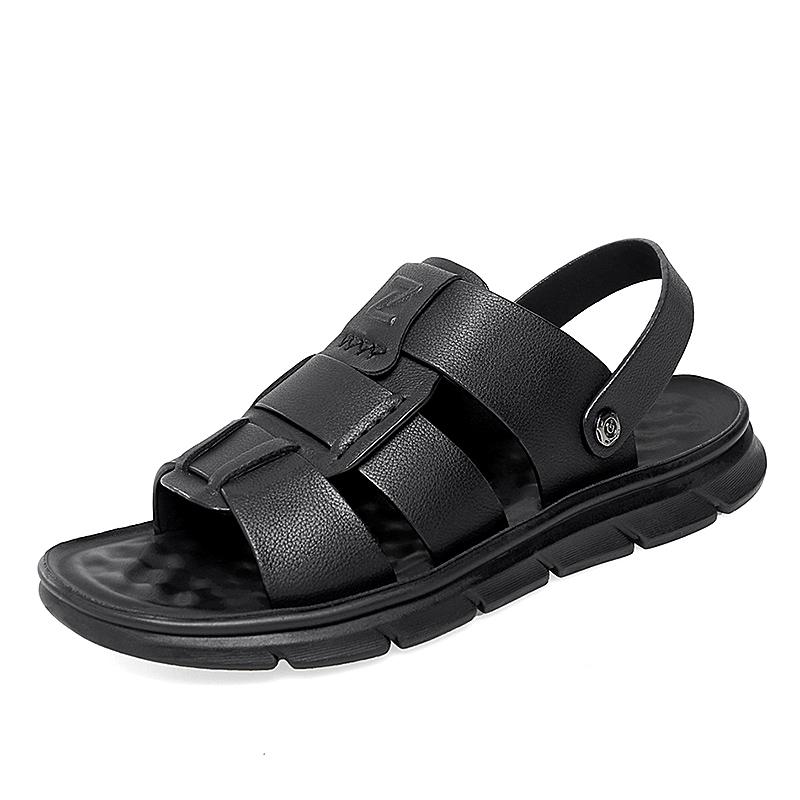 Men s Sandals 2024 Summer Fashion Comfortable Waterproof Anti slip Leather Sandals Soft Sole Slippers Breathable Casual Shoes 38 чёрный Happy Soles