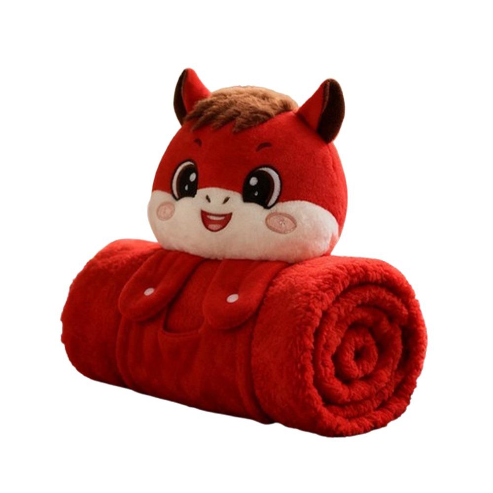 Soft Warm Horse Mascot Plush Blanket Fluffy Throw Comfortable New Year Throw Blanket Cartoon Folding Mascot Doll Travel S red Nue Living