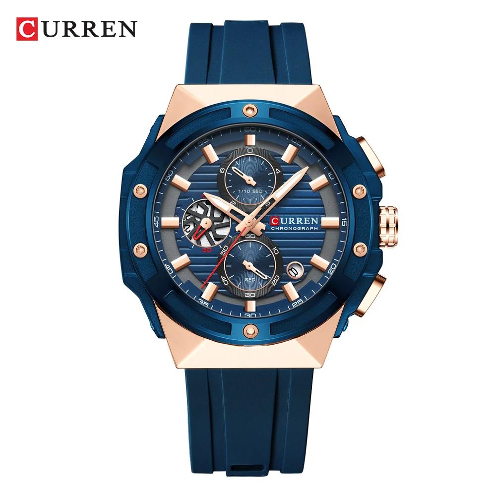 CURREN Fashionable Sports Multifunctional Chronograph Quartz Watch with Silicone Strap Creative Design Dial Luminous Hands синий