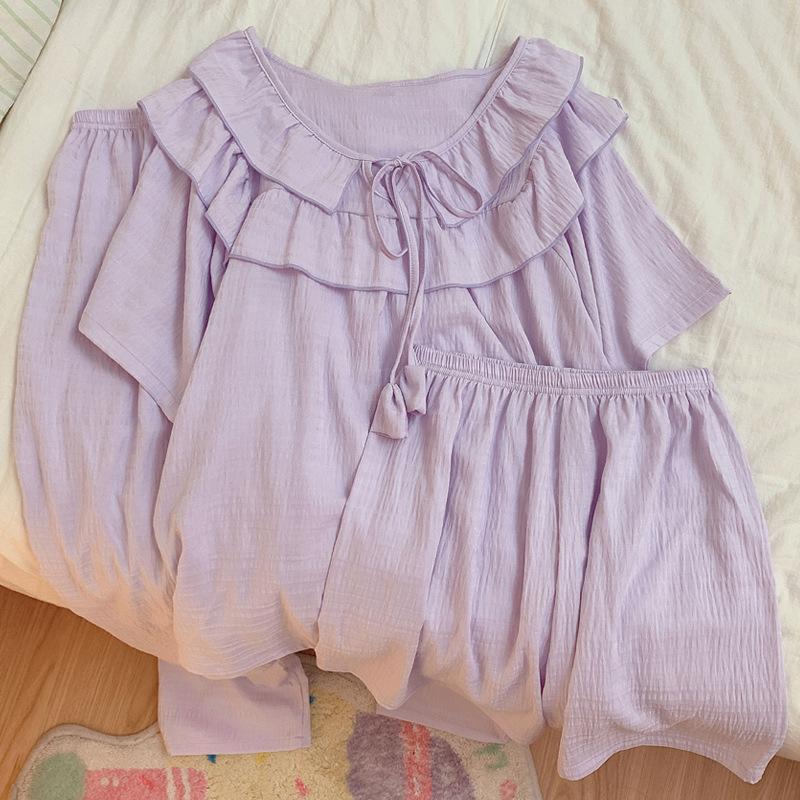 Dream Princess Style High Value Solid Color Cloud Cotton Edge Pajamas Women S Summer Short Sleeve Three-Piece Set M gray BaiJia Jewelry BB