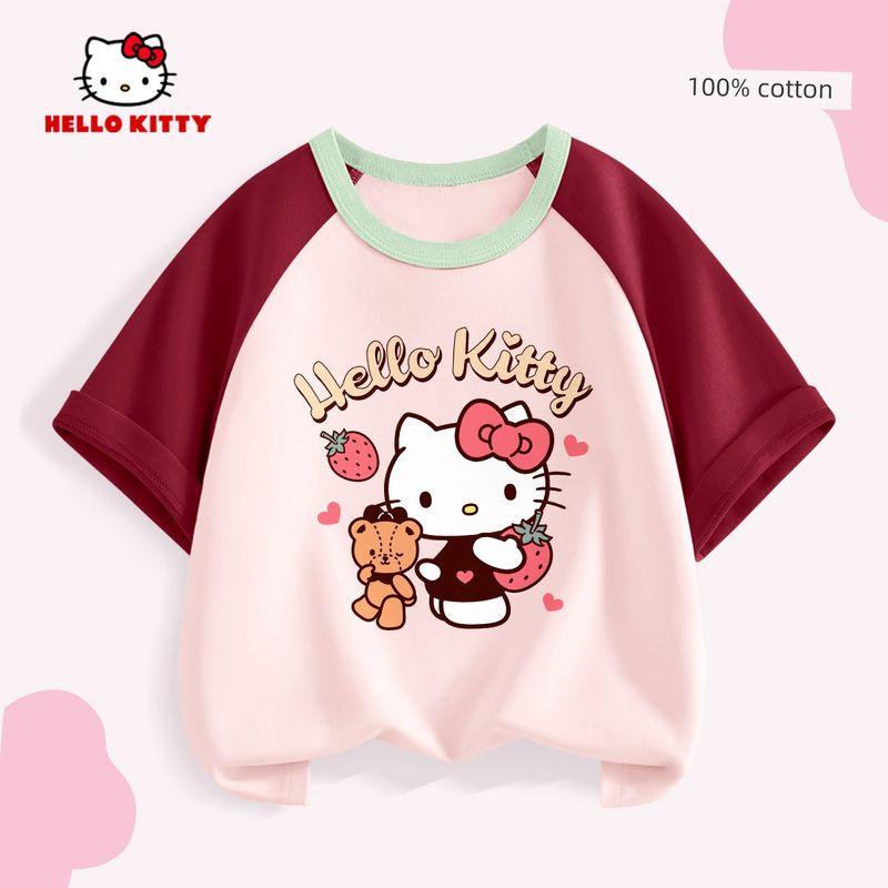 Hello Kitty Girls  Short-Sleeved T-Shirt, Fashionable and Stylish Spring Outfit, Inner Top, Children s Summer Outfit, Red Pure Cotton Trendy Ti Hug Red Powder 150 white TAOMall