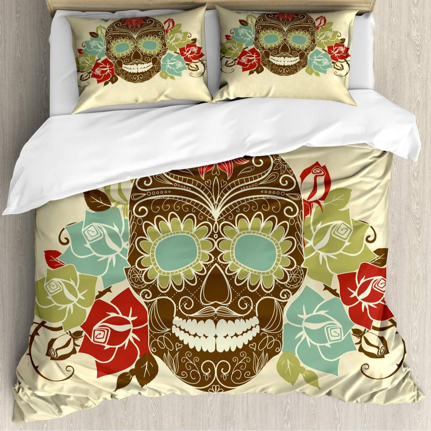 Gothic Retro Skull Three-piece Quilt Cover 3D Digital Printing Bedding Set Bed Cover EU single 135*200 brown More beaty