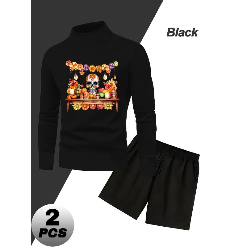 Men s 2 Piece Set Mock Neck Long Sleeve Top and Shorts S чёрный X-MARS