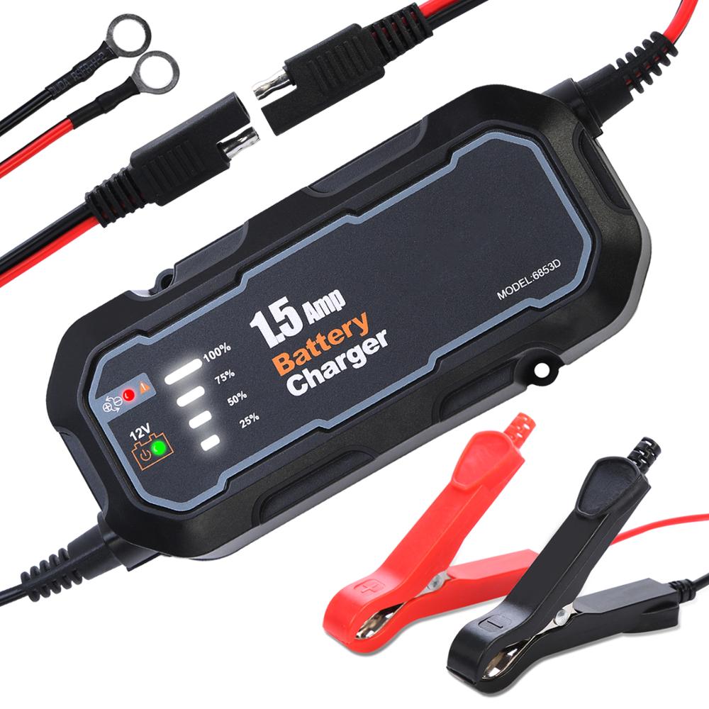 12V 1500mA Automatic Smart Motorcycle Battery Charger Maintainer for Car/RV/ATV/Boat Automatic Battery Trickle Charger with LED black JORDAN HOME -8