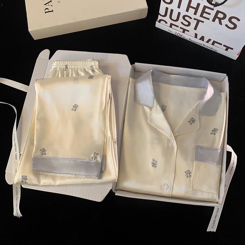 Japanese Simple Cartoon Bear Pajamas Spring Long-Sleeved Lapel Imitation Silk Loungewear Set M gray BaiJia Jewelry BB