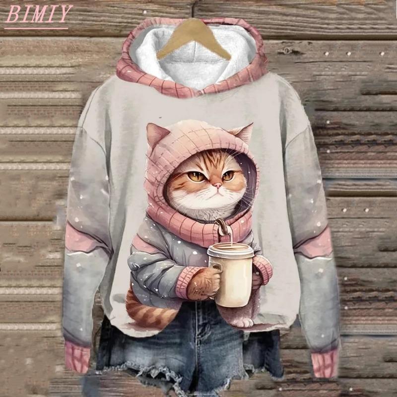 Женские толстовки с капюшоном Смешные кавайные кошки животные принтованные толстовки для мужчин Толстовки женская одежда повседневные длинные рукава унисекс пуловеры S white ETST WENDY 012