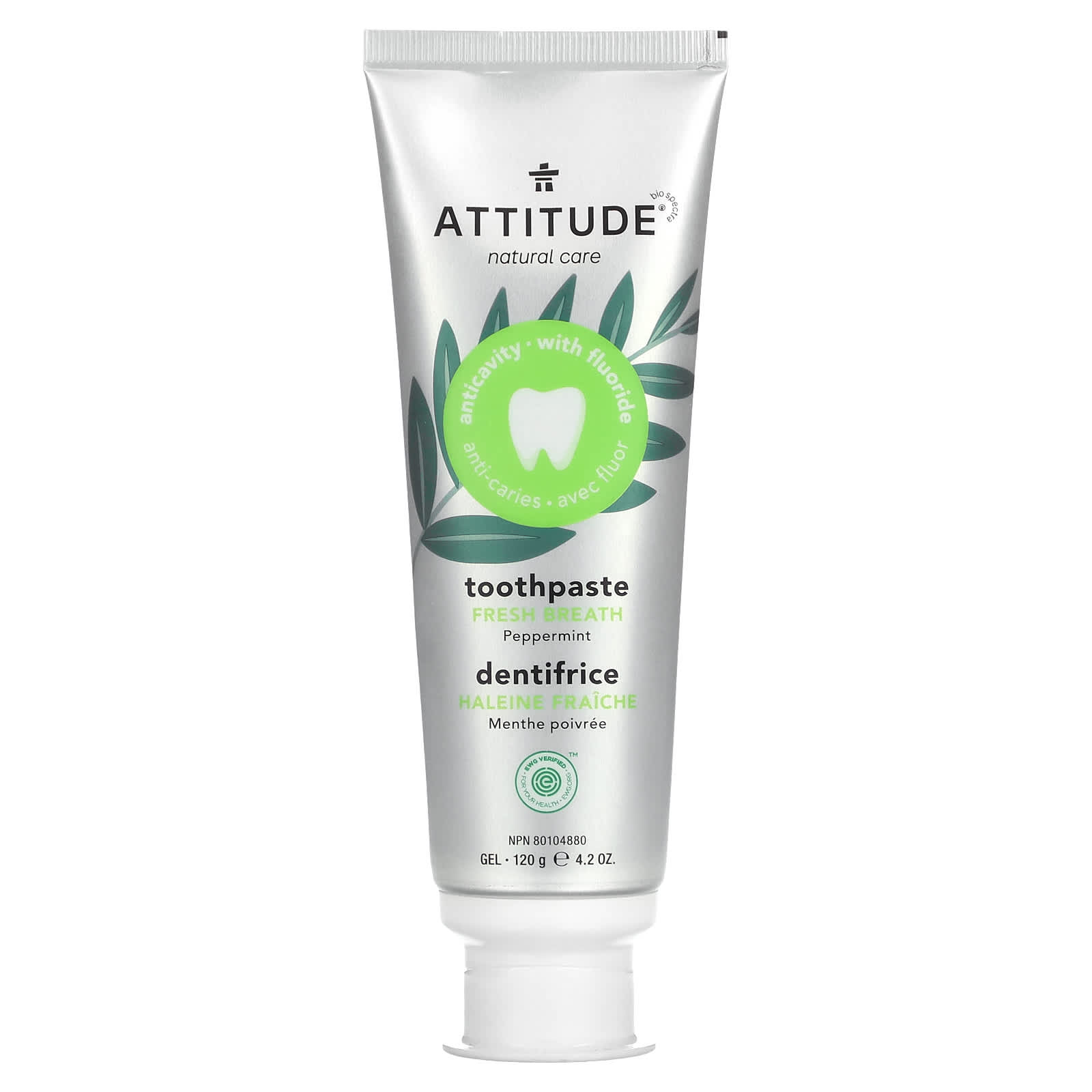 ATTITUDE, Освежающая гелевая зубная паста, устраняющая неприятный запах изо рта, перечная мята, 120 г (4,2 унции) white