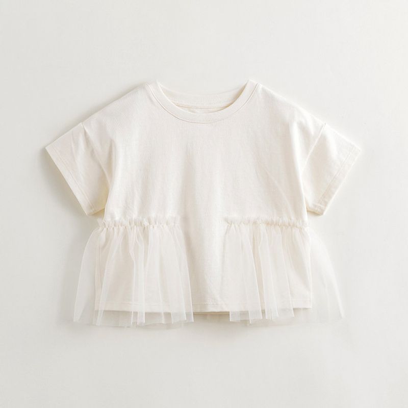 Mark Jenny Girls  Patchwork Mesh Loose Short-Sleeved T-Shirt Kidsren s Top 2026 Summer New Style 240763 Beige 90 white TAOMall