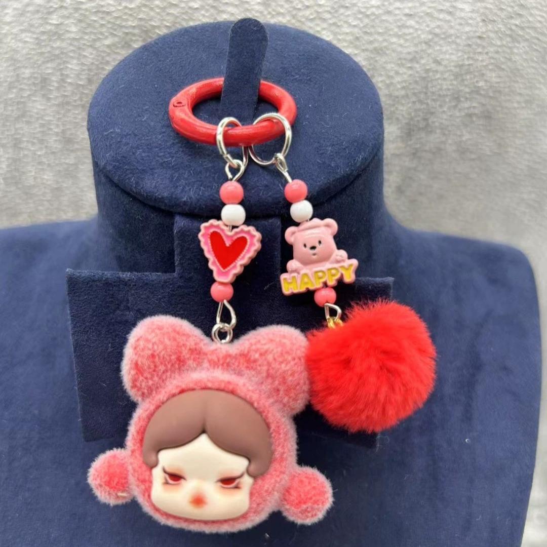 Милая SP Girl Мини Флок Мультяшный Кавайный Частицы labubu Цепочка для телефона Брелок Подвеска для рюкзака Сумка через плечо Шарм для телефона Брелок Подарок красный Rainbow Home