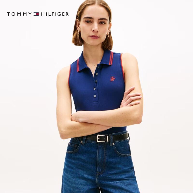 Женский приталенный топ-поло без рукавов с вышивкой Tommy Hilfiger L темно-синий