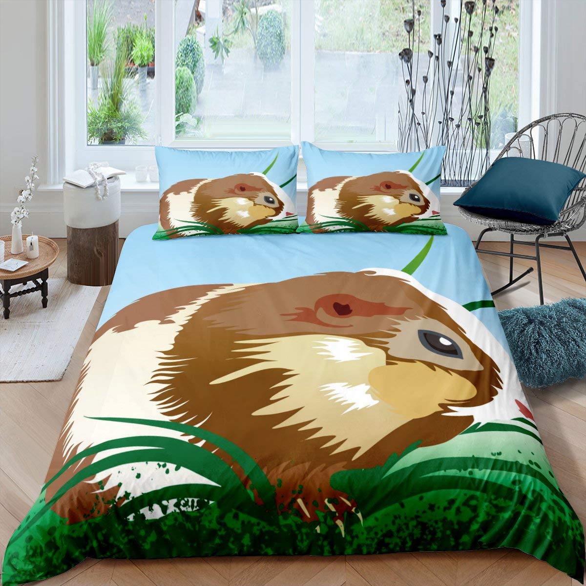 Guinea Pig Duvet Cover King/Queen Size for Kids Teens Boys Girls, Cute Cartoon Hamster Rodent Bedding Set for Dorm Bedroom EU single(135x200cm) brown Sue--11