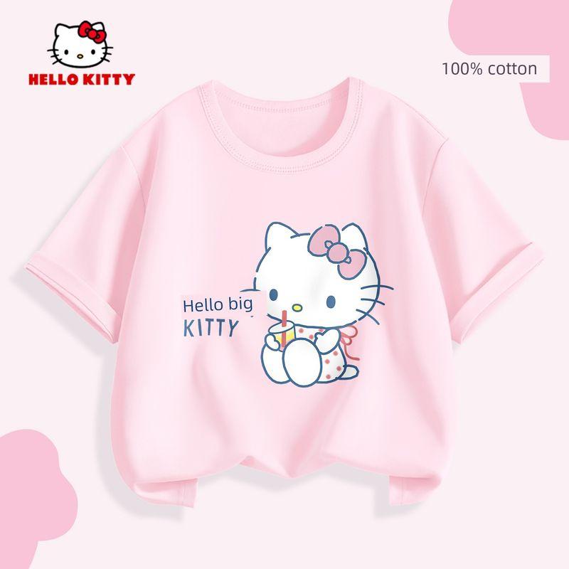 Девочковая футболка Hello Kitty с коротким рукавом 2026 Новая Розовая Детская Хлопковая Майка Летняя Базовая Одежда Спортивная Одежда Ticaiyun Pearl Powder 110 white TAOMall