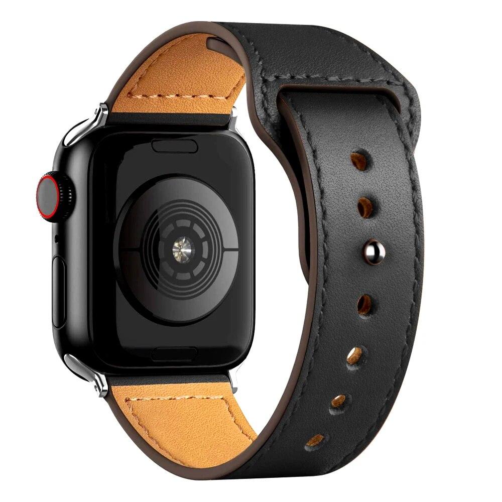 Кожаный ремешок для Apple Watch Ultra 49 мм 44 мм 40 мм 38 мм/42 мм браслет на запястье 45/44 мм ремешок iWatch series 8 7 3 4 5 6 se 41 мм/45 мм 41mm-40mm-38mm чёрный j-3C
