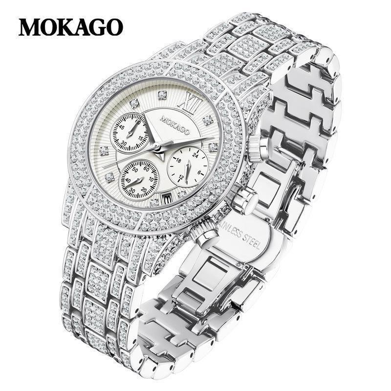 Quartz Watch For Women Luxury Bling Full Diamond Design Waterproof Ladies Wristwatch Calendar Display Chronograph белый SANDA
