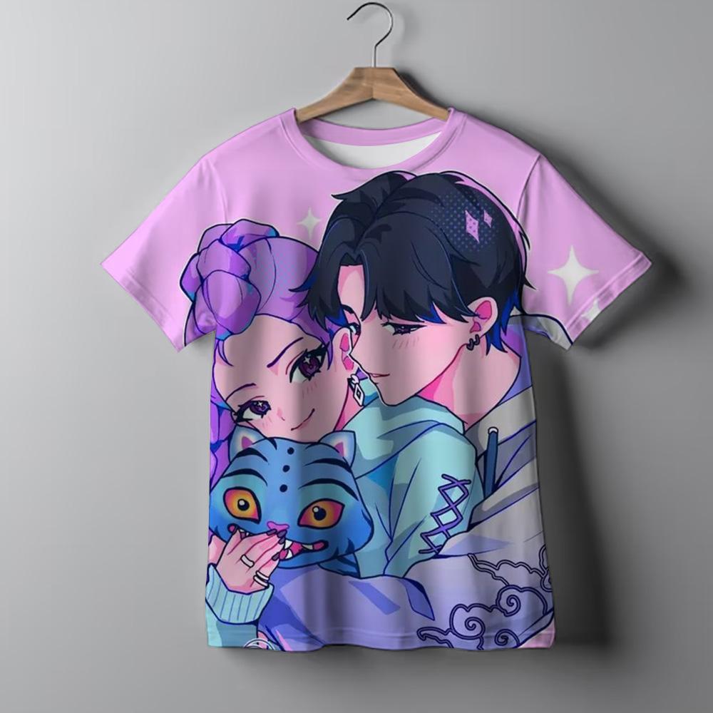 KPops Demon Hunters Movie Classic 3D Print Sport Boy Girl T-shirt Harajuku Parent-child Short Sleeve Top 110 blue huiteng10