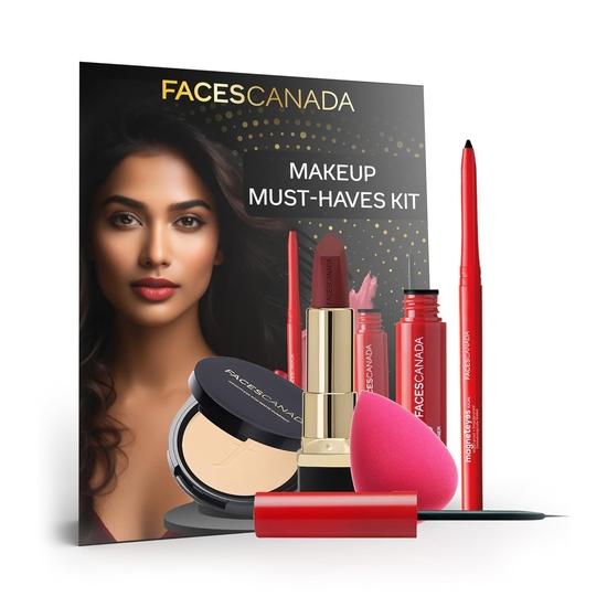 Набор необходимых косметических средств FACESCANADA - Kajal (0,35G) + Помада (4,2 г) + Компактный (9G) + Подводка для глаз (3,5 мл) + Beauty Blender | Упаковка из 5 шт. black Balaji Impex