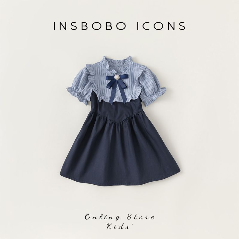 Children s Clothing Baby Girl Preppy Style Early Autumn Dress Blue Stripe + Navy Blue (Summer Style) 90 gray TAOMall