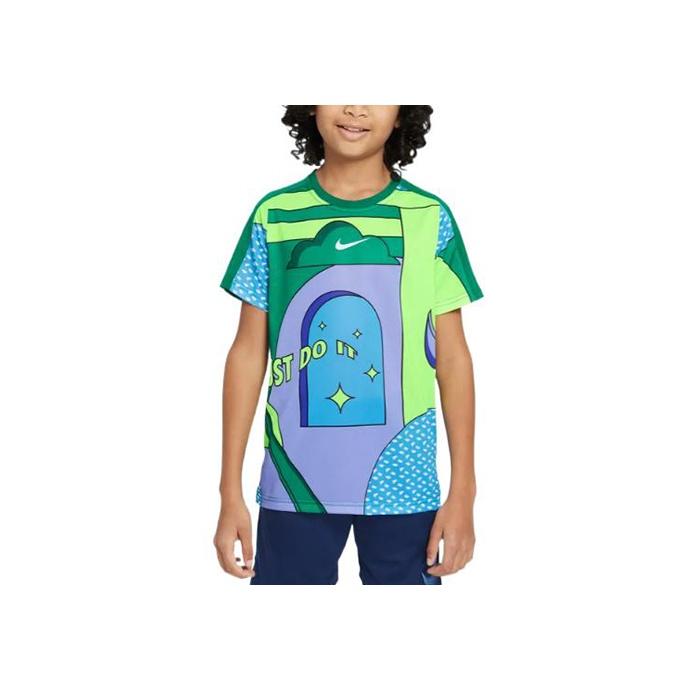 Nike Dri-FIT Performance Graphic Print Crew Neck Short Sleeve T-Shirt Kids Tops Peacock-Green DQ8958-365 S blue
