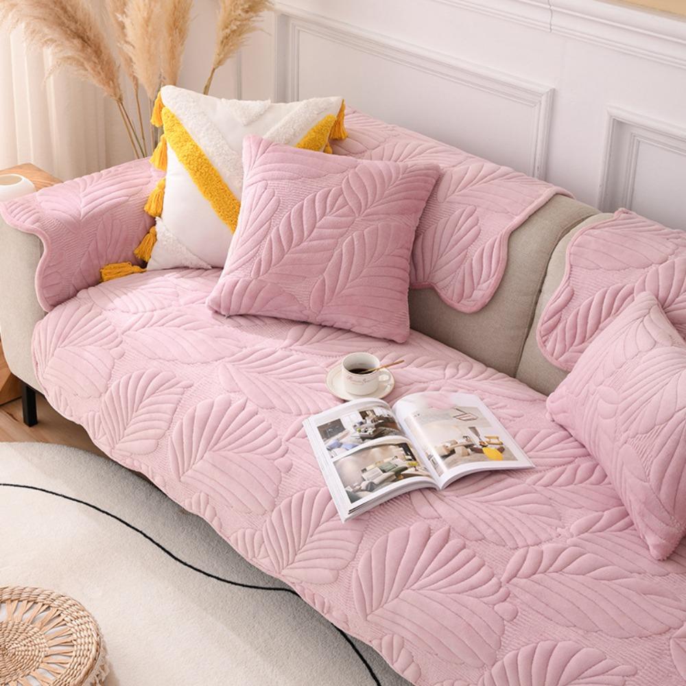 Home Decoration Milk Velvet Leaf Pattern Sofa Cover Non-slip Nordic Style Couch Cover Dirt-resistant Thickened Sofa Towel Winter розовый Bag In Love