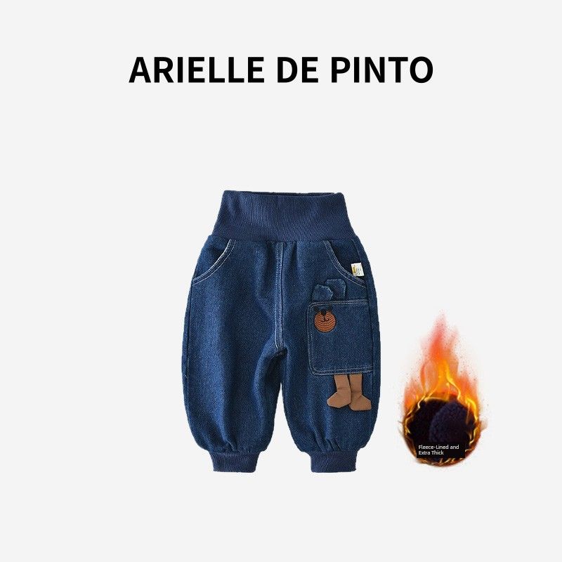 French Arielle De Pinto Boys  Pants Winter Korean Style Outerwear Fleece-Lined Thickened Bear Design Children s Jeans Little Bear Denim 73 blue TAOMall