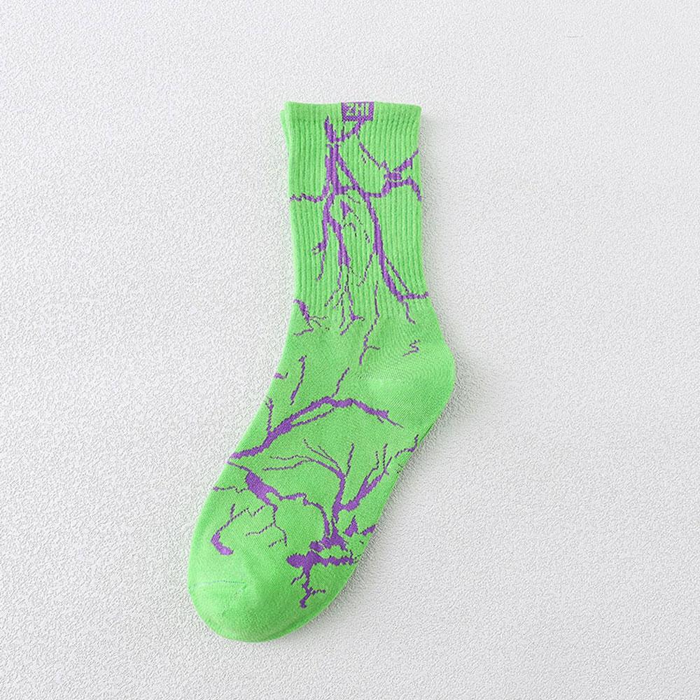 Harajuku Hip-Hop Street Sports Skate Sock Tie Dye Cotton Lightning Designer Happy White Socks Women One Size green Versatile socks