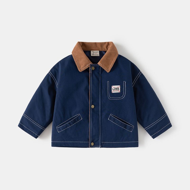 Kids Long Sleeves Bright Line Letter Coat Spring and Autumn Boys Short Jacket Baby Polo Collar Solid Color Cardigan Children s Clothing Navy Blue 90 cm black TAOMall