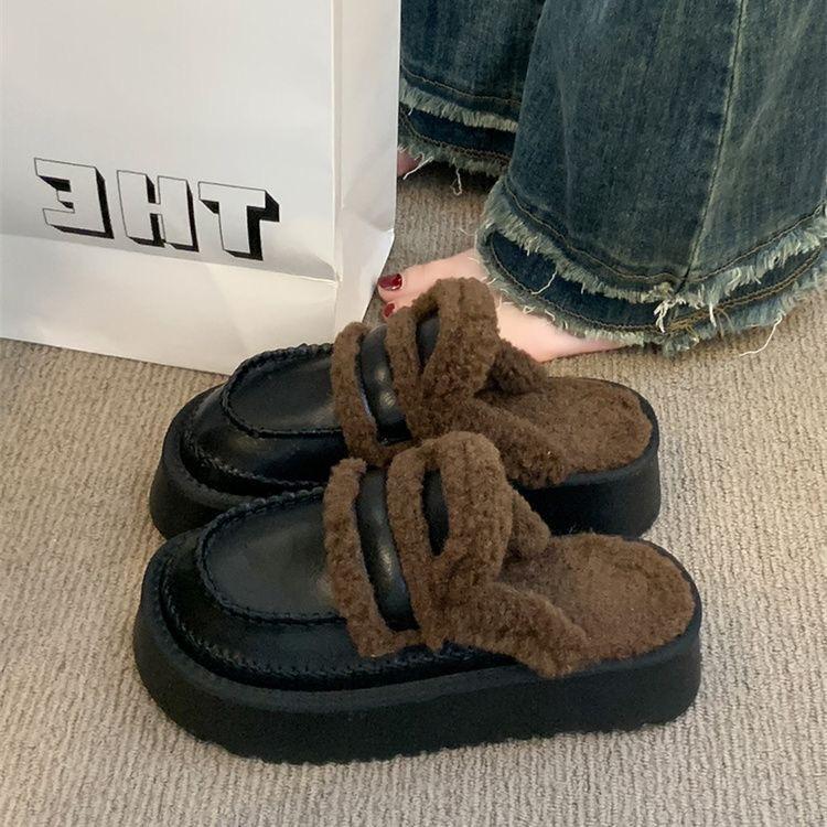 Толстоподошвенные Birkenstocks женские уличные пушистые тапочки 2025 новые осенне-зимние бархатные сапоги-дутики с сумкой на носок, полутапочки из хлопка 35 чёрный FYSKIN Sexy Life