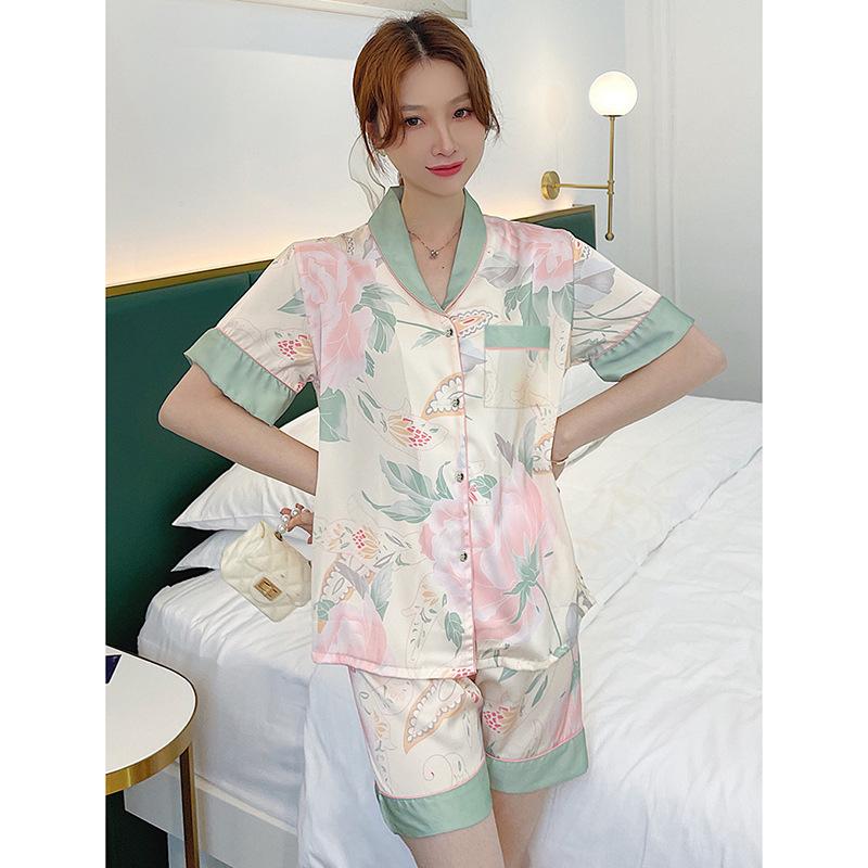 High-Value Long-Sleeved Pajamas Women S Spring And Summer Small Fresh Lotus Flower Silky Loungewear Suit M gray BaiJia Jewelry BB