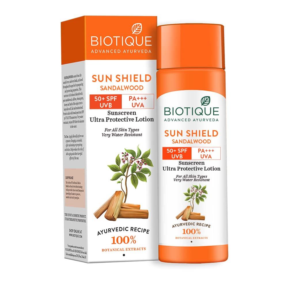 Biotique Сандаловый солнцезащитный крем для лица SPF 50+ 120 мл – Водостойкий, Ультрауспокаивающий, Натуральная защита от UVA/UVB white