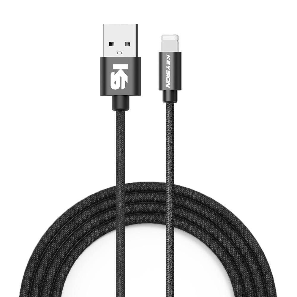 Цифровой кабель KEYSION 2A для iPod и iPhone, USB-зарядное устройство, плетеный телефонный кабель, быстрая зарядка, синхронизация данных 2M чёрный