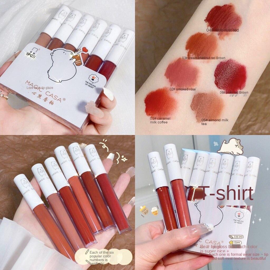 Набор из 6 глазурей для губ Velvet Mist Lip Mud Водостойкая помада Натуральное увлажнение и увлажнение Чашка с антипригарным покрытием Бальзам для губ Стойкость Женский макияж gray ART BINJIE